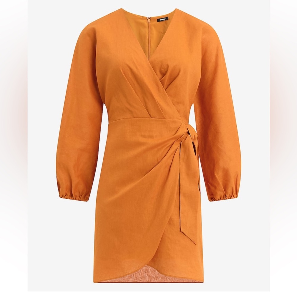 Express Linen Blend V-Neck Long Sleeve Tie Wrap Mini Sheath Dress NWT Size M - Picture 3 of 10